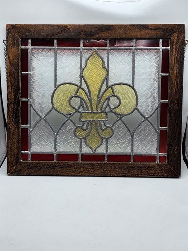 Vintage Stained Glass Fleur De Lis Framed Hanging .