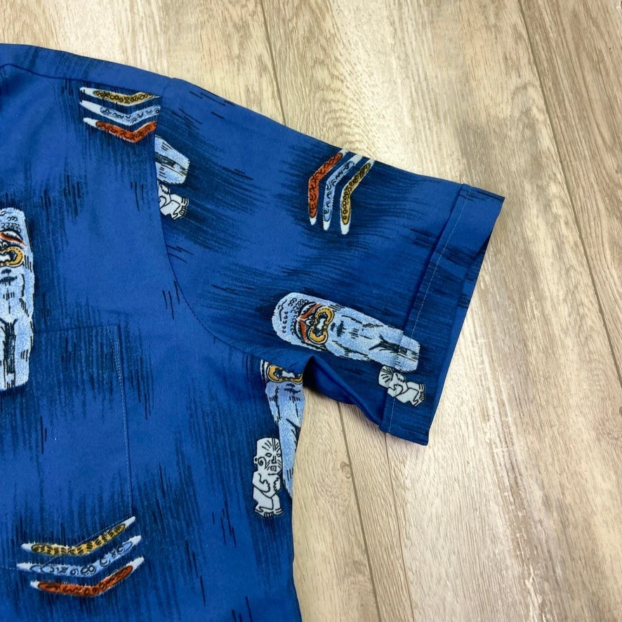 VINTAGE Lancer Hawaiian Shirt Mens L Blue Tiki Button Up Short Sleeve 60s 70s - Image 4 of 4