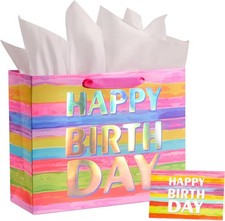 SUNCOLOR Large Happy Birthday Gift Bag with Tissue Paper & Card, 13 x 10.2 x 4.7