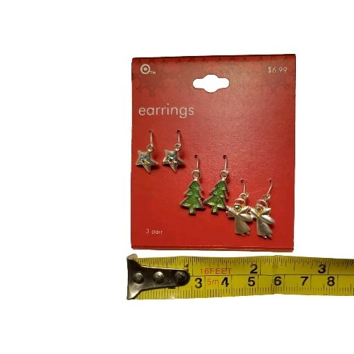 Juego de 3 Pendientes Festivos Árbol de Navidad Estrella de Ángel Plata Objetivo Foto 3 de 4