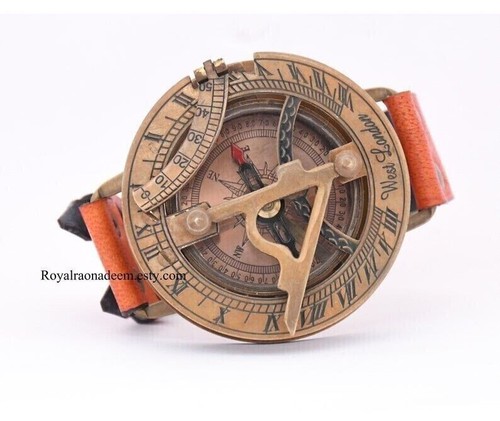 Vintage Stock Steampunk Sundial Compass Wrist Watch W/Leather Bracelet Handmade - Picture 1 of 8