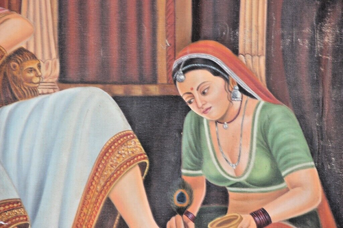 Vintage Oil Painting On CANVAS Rajasthani Woman Applying Heena Handmade Original - Picture 6 of 12