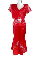 Women clothing 3-pc African Brocade Print Headtie Peplum top  skirt Crimson NEW