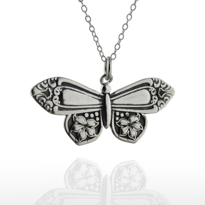 Spoon Handle Butterfly Necklace - 925 Sterling Silver - Vintage Style Pendant