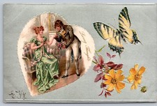 1907 set of 3 postcards LOVING COUPLES IN HEART FRAME W/BUTTERFLIES FLOWERS