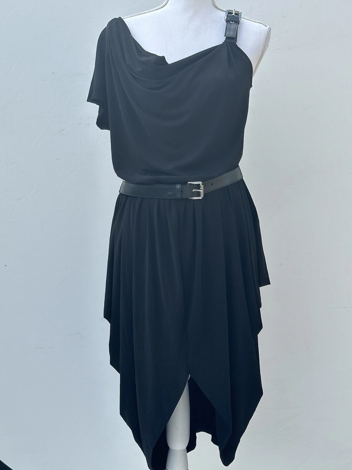 Abito Michael Kors nero manica unica cintura fluidi strati fibbia cinturino estate med