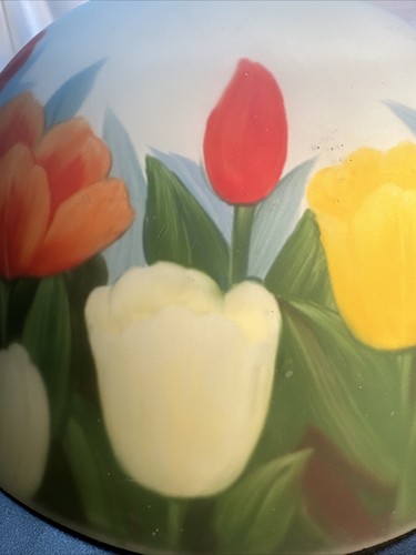 Frosted Reverse Painted Glass Lamp Shade Flower Bouquet 13.5” lily lilies tulip - Picture 3 of 9