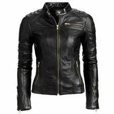 Womens Black Cafe Racer Real Leather Motorcycle Slim Fit Rave Biker Girls Jacket
