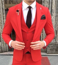 DESIGNER BUSINESS ROYAL RED MEN'S SUIT SPORT COAT PANTS WAISTCOAT FITTED SLIM FIT 46