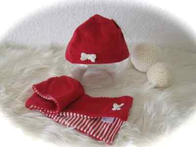 °VERTBAUDET° Mütze Strickmütze  Schal rot weiß Schleifen 12-18M 80 86 92 NEU