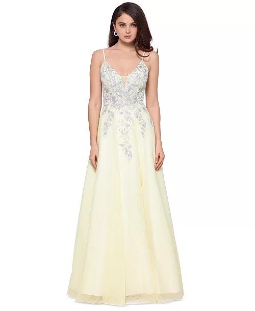 Xscape Embroidered-Top Strappy-Back Gown - Yellow Silver - Size 8