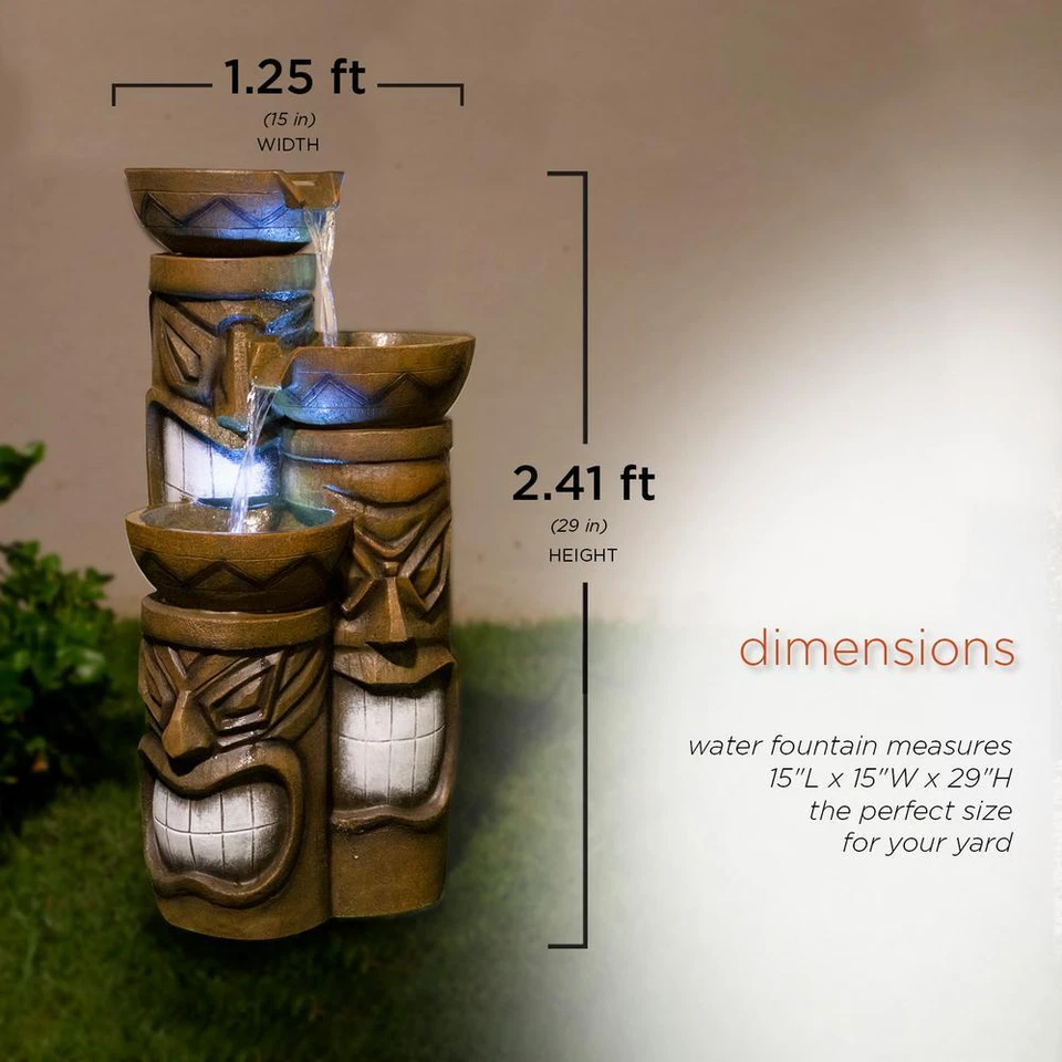 Alpine Corporation Water Fountain LED Light Tiki Head Outdoor 29 in. Tall 3-Tier - Image 3 of 4