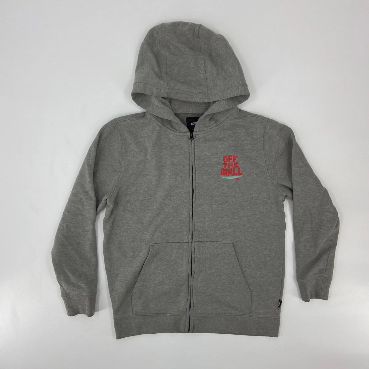 Vans Sweater Youth Large Gray Red Spell Out Logo Full Zip Hoodie Kids Boys
