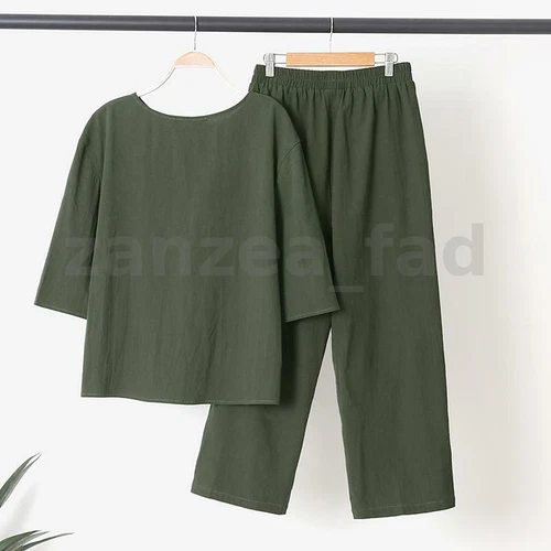 ZANZEA UK Womens Cotton Tracksuit Suit Sets Casual Loose Shirt Trousers Outfits - Picture 9 of 20
