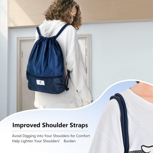 Costway String Bag Folding Sports Sack Drawstring Backpackw/Zipper Pocket Blue - Picture 3 of 8
