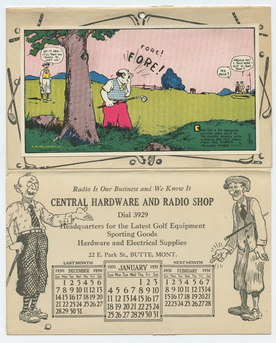 1930/31 CENTRAL HARDWARE AND RADIO SHOP Butte Montana Advertising Calendar  Golf | eBay