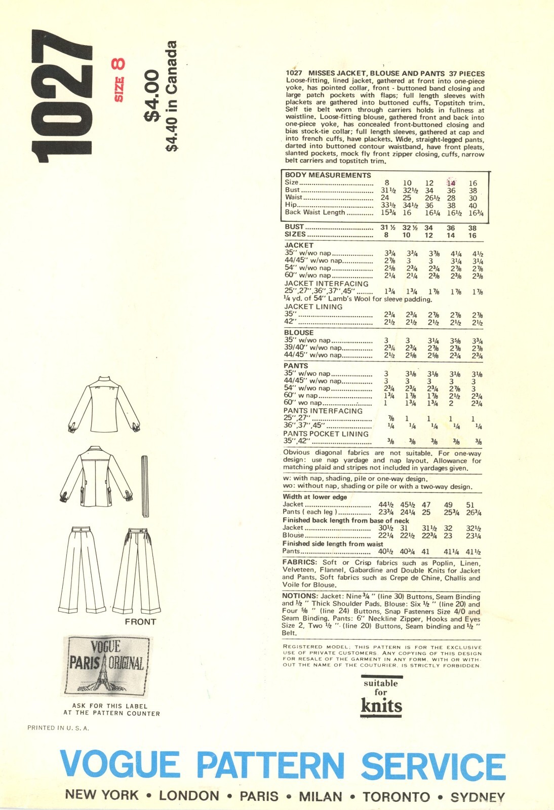 Giacca Vogue 1027 YVES SAINT LAURENT camicetta collare cravatta pantaloni taglia 8 TAGLIO