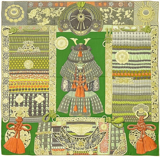 Hermes Shawl Scarf Parures de Samourais Armor Green Cashmere Silk