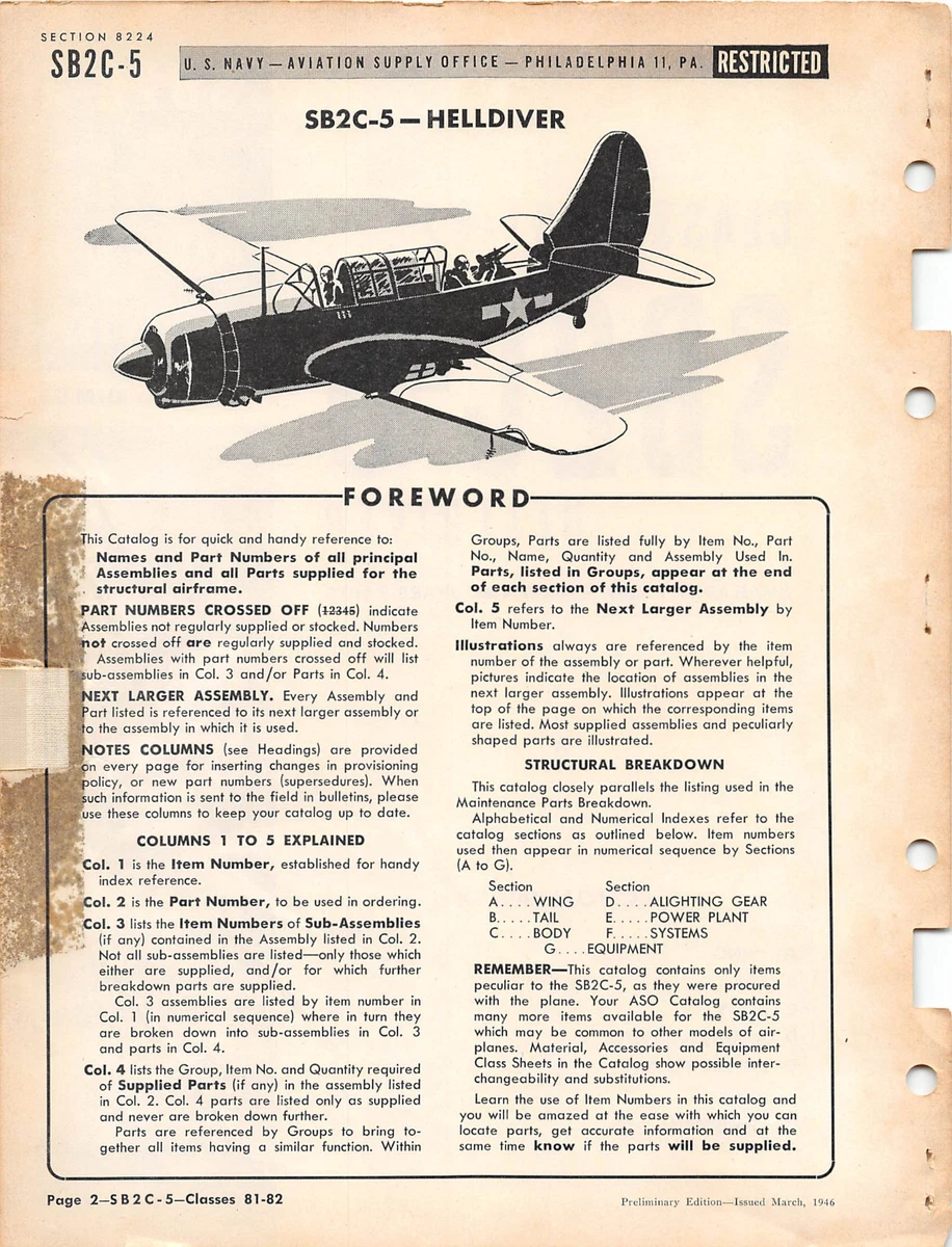 1944 Curtiss SB2C-5 Helldiver Airframe Spare Parts ASO Catalog Flight Manual -CD