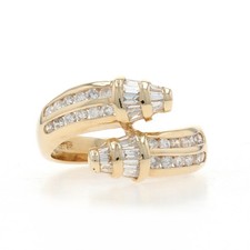 Yellow Gold Diamond Bypass Ring - 14k Round Brilliant & Baguette 1.26ctw