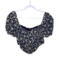 Lucca Puff Sleeve Cropped Blouse Women M Navy Cream Boho Semi Corset Front