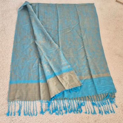 Vintage Pashmina Silk Blend Jacquard Shawl Scarf Turquoise Fringe Wrap Bohemian