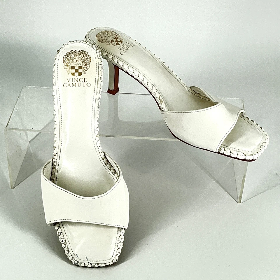 Vince Camuto Size 11 White Leather Heeled Mules Slides Braided Sandals Emmla - Image 3 of 4