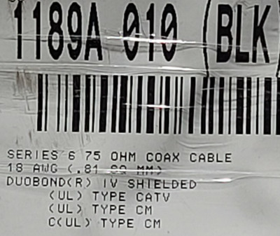 Belden 1189A 18awg BCCS RG-6Q Quad Shield Broadband Coaxial Cable Black /100ft