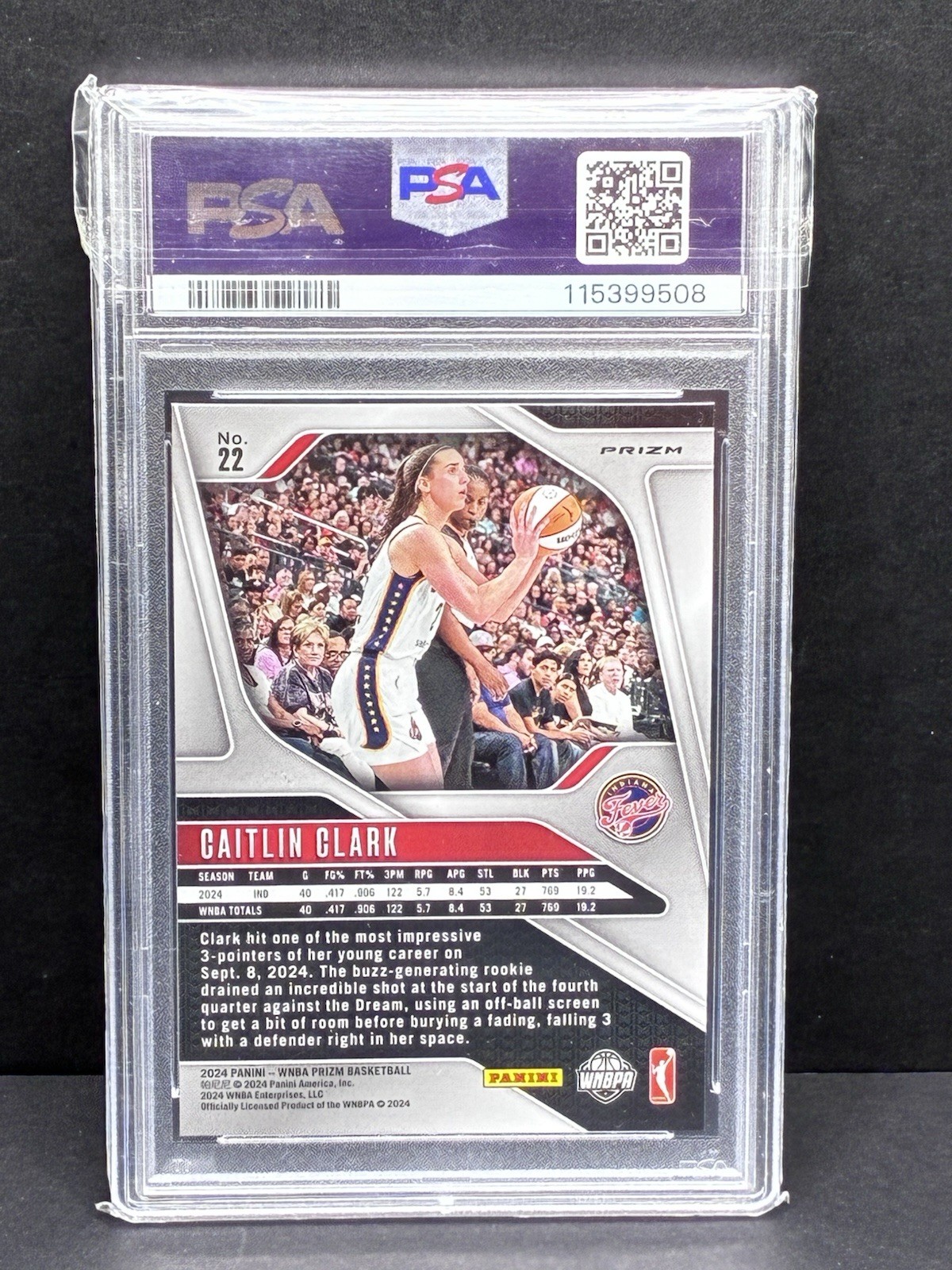 2024 Panini WNBA Prizm Caitlin Clark RC Ice Rookie #22 Fever PSA 9 view 2