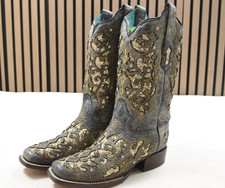 Corral Ladies Black Glitter Inlay Studs Crystals Square Toe Western Size 8.5