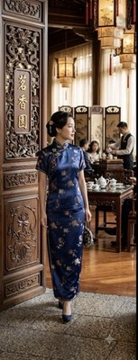 Vintage 60 s-70 s  Solve Squirrel Chinese  Cheongesam Qipao Satin Dress Navy Blu