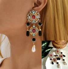 Vintage Style Rhinestone Earrings Gold Rococo Faux Pearl Jewelry Baroque NEW