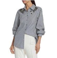 Cinq A Sept Crystal Ivy Stripe Kandice Embellished Shirt in Blue/Ivory Size XL