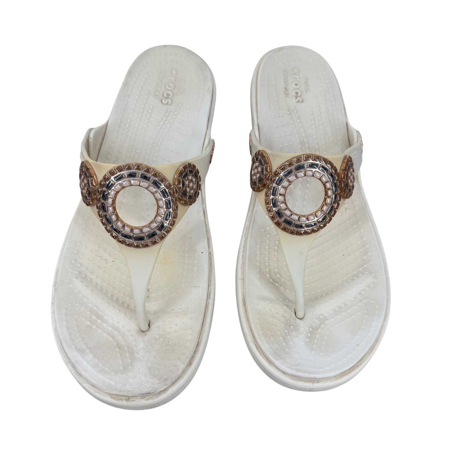 Crocs Sanrah Diamante Embellished Wedge Flip Flops Oyster Medallion 10