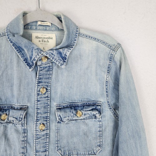 Abercrombie Fitch Shirt Mens Large Blue Muscle Denim Jean Button Up Long Sleeve - Picture 2 of 13