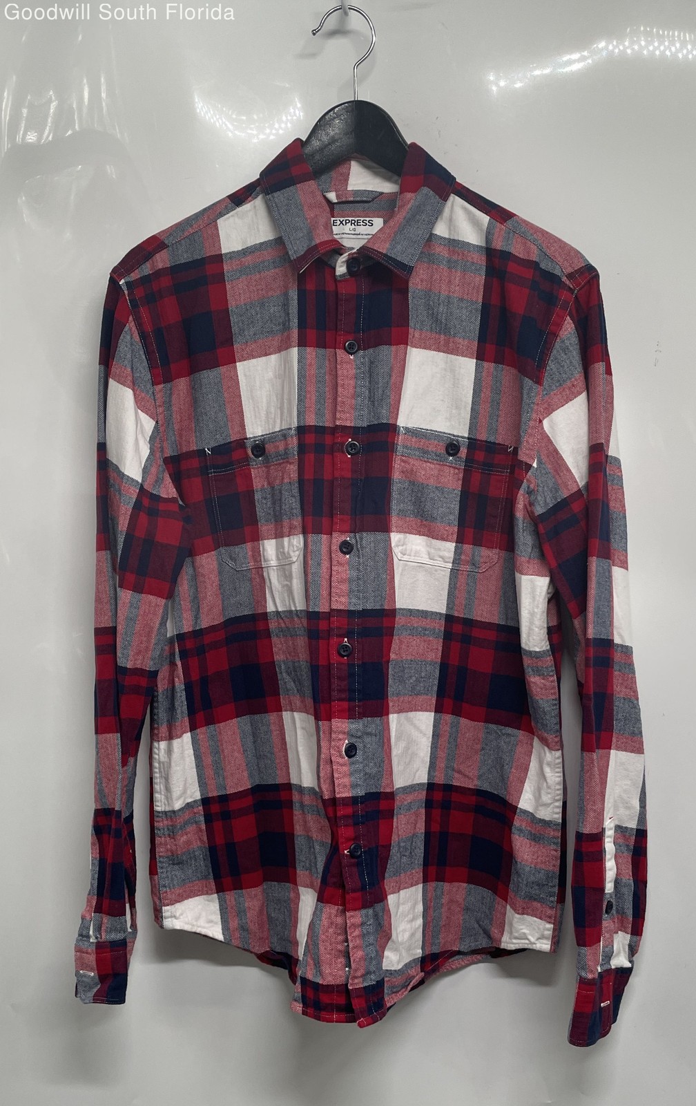 Express Mens Red White Blue Plaid Flannel Cotton Long Sleeve Button-Up Shirt L
