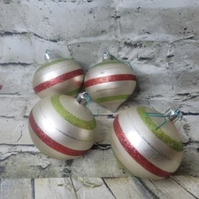 Vickerman Vintage Glass Red Green White Striped 4 Ornaments Teardrop Shape