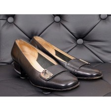 37 SALVATORE FERRAGAMO VINTAGE Black SAFFIANO LEATHER Buckle LOAFERS BLOCK HEELS