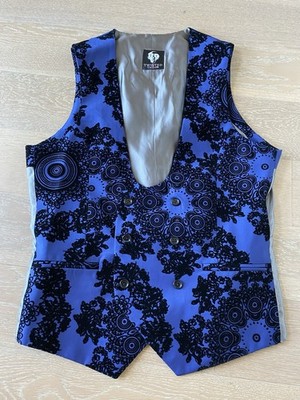 Twisted Tailor Hare Flock Blue Black Double 3 Button Vest 38R Punk Glam Goth