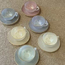 Arcopal france Glass Tea Cup & Saucer Set for 6 Decorated Gold Trim 
