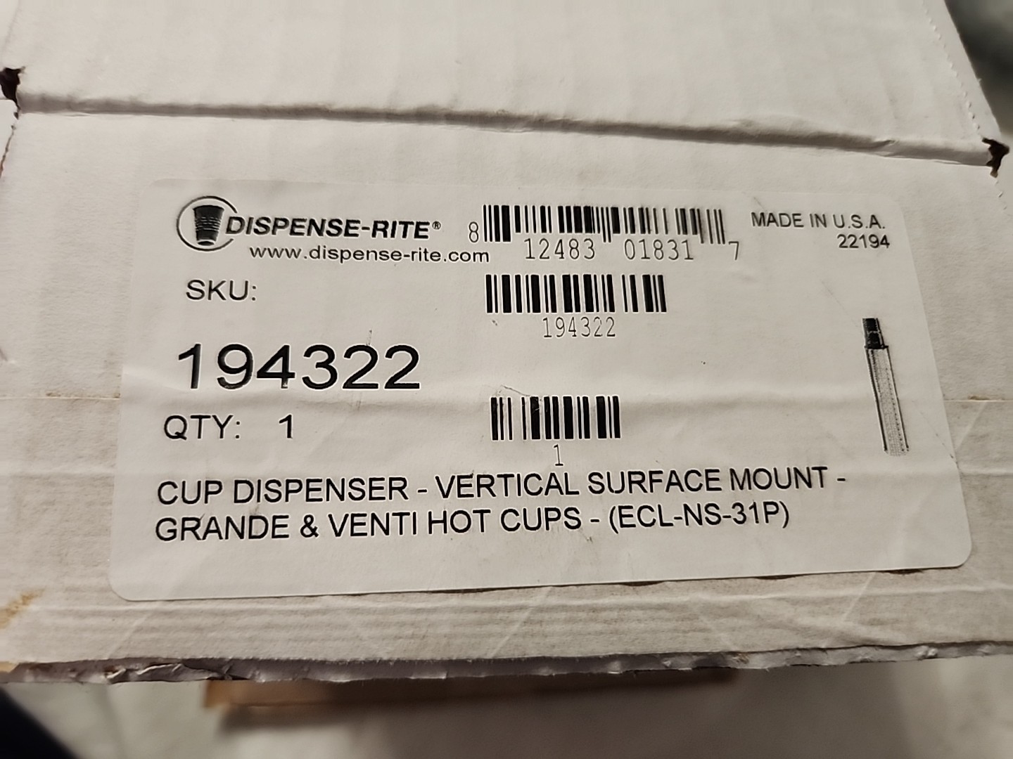 DISPENSE-RITE VERTICAL SURFACE MOUNT GRANDE & VENTI HOT CUPS ECL-NS-31P