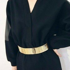 Damen Gold Gürtel Metall Fisch Maßstab Pailletten Japanisch Bund Elastisch