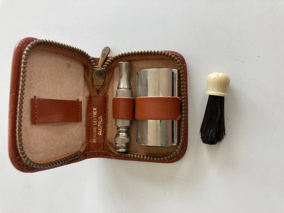 VINTAGE LEATHER MINI TRAVEL RAZOR W/BRUSH SHAVING KIT LIKE THE CARY GRANT  MOVIE | eBay