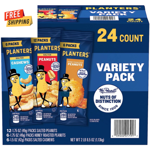 PLANTERS Nut Variety Pack - Salted Cashews, Peanuts, Honey Roasted - 36 Individu - Afbeelding 1 van 12