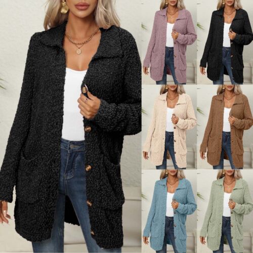 Women  Fashion Casual Overcoat Plus Size Warm Long Sleeve Button Open Front - Picture 1 of 42