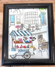 Framed Hand-Painted Flower Cart Scene With Black Wooden Frame