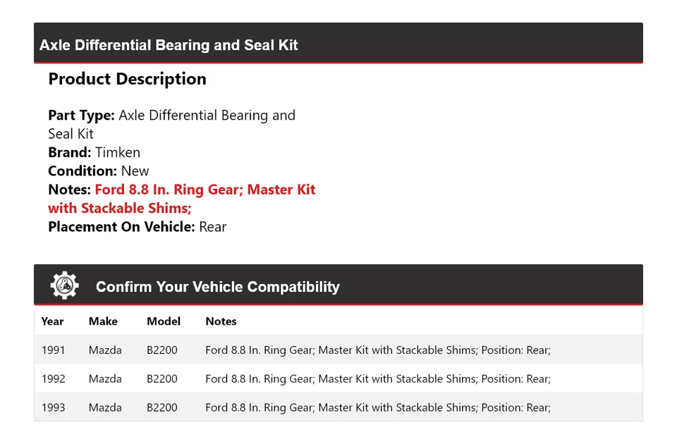 Kit de cojinete y sello diferencial de eje trasero Timken para Mazda B2200 1991-1993 Foto 2 de 3
