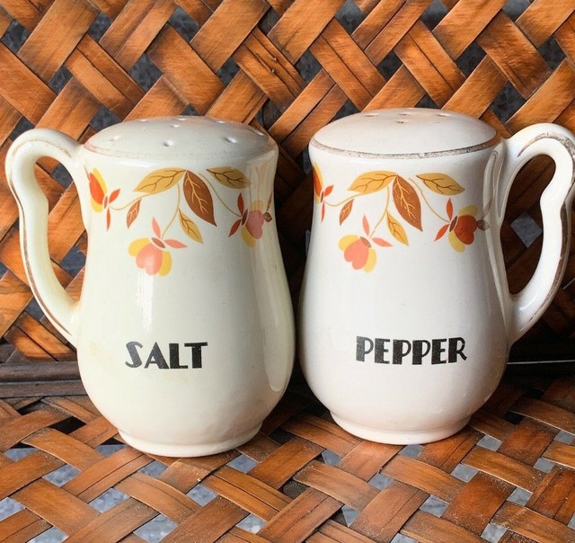 Hall Jewel Tea Autumn Leaf Pattern MINIATURE Salt & Pepper Shaker Gold