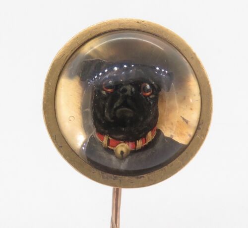 .Large Antique Victorian Reverse Intaglio Essex Crystal Pug Dog Gold Stick Pin - Picture 1 of 5