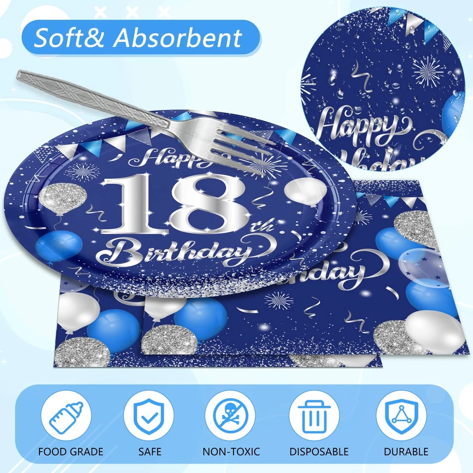 96件装18岁生日装饰男孩海军蓝银色主题18岁Bir... — 第 4/4 张图片